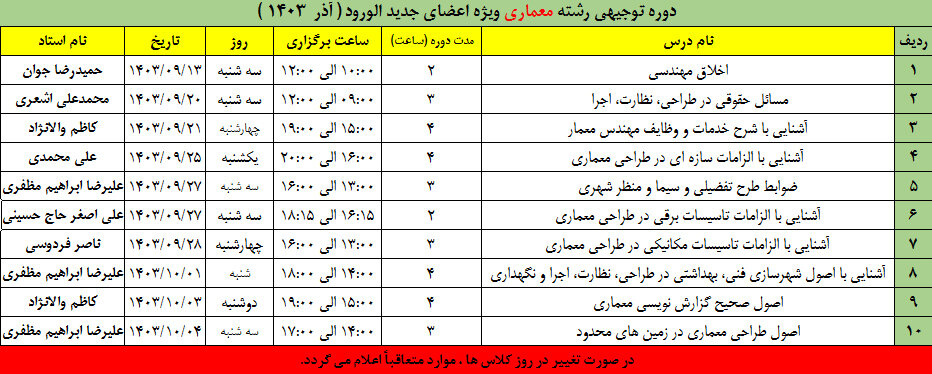 فراخوان دوره توجیهی رشته معماری ویژه اعضای جدیدالورود