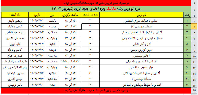 : اطلاع رسانی دوره توجیهی رشته مکانیک ویژه اعضای جدیدالورورد (تیر ۱۴۰۴)