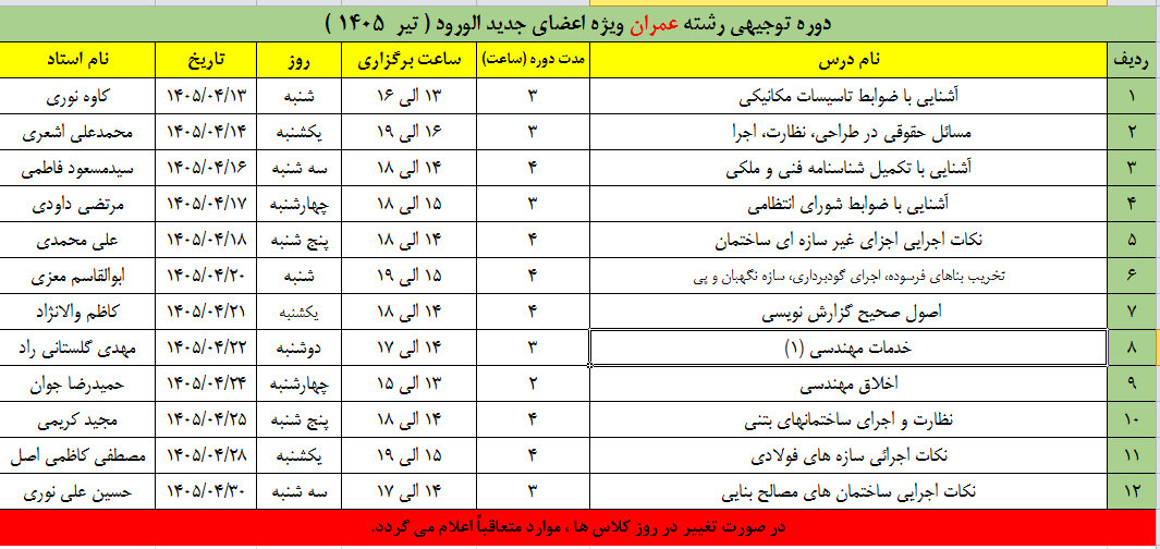 اطلاع رسانی دوره توجیهی رشته عمران ویژه اعضای جدیدالورود (تیرماه ۱۴۰۵)